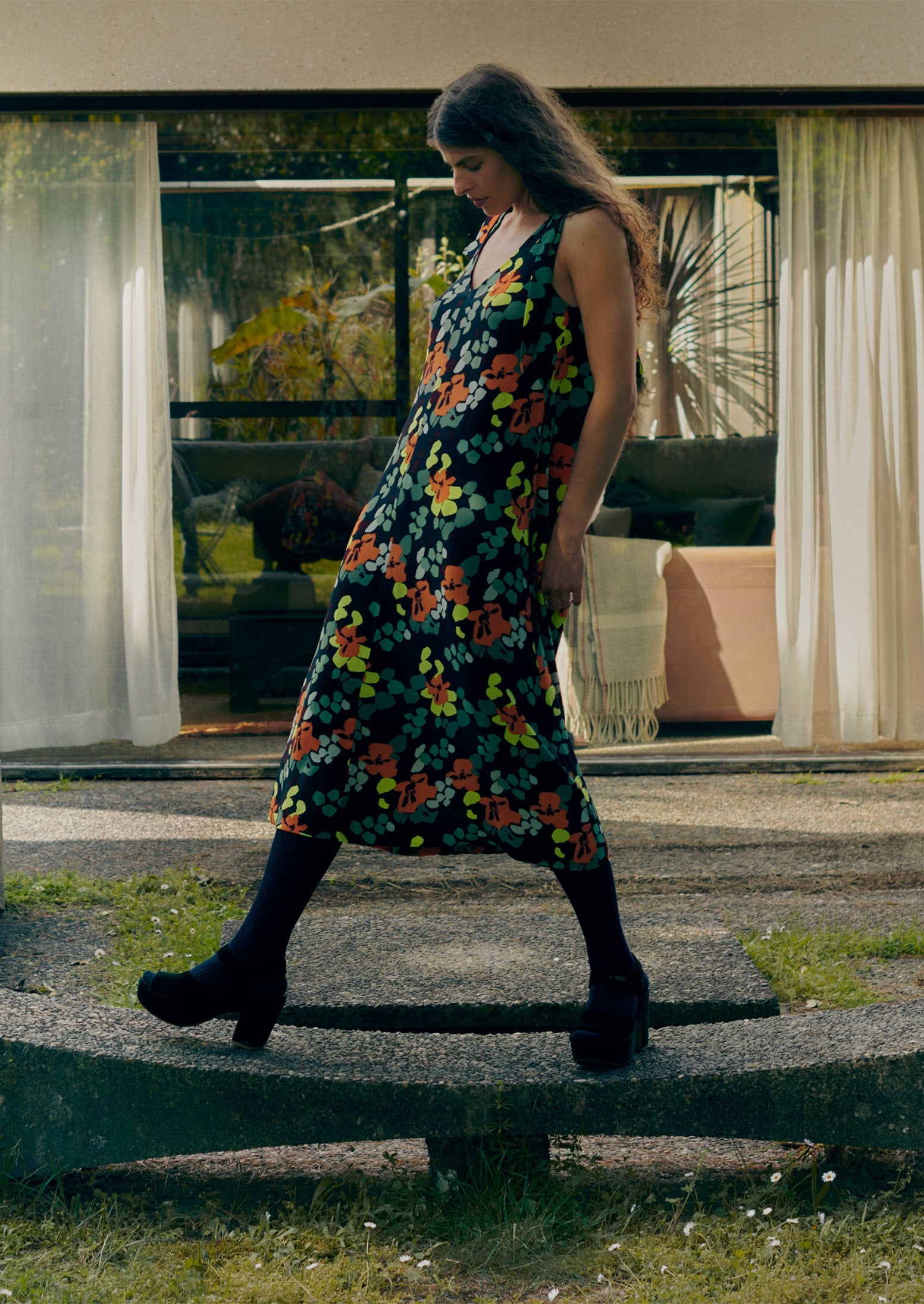 Tie Shoulder Harlequin Flower Print Dress | Chrome Green