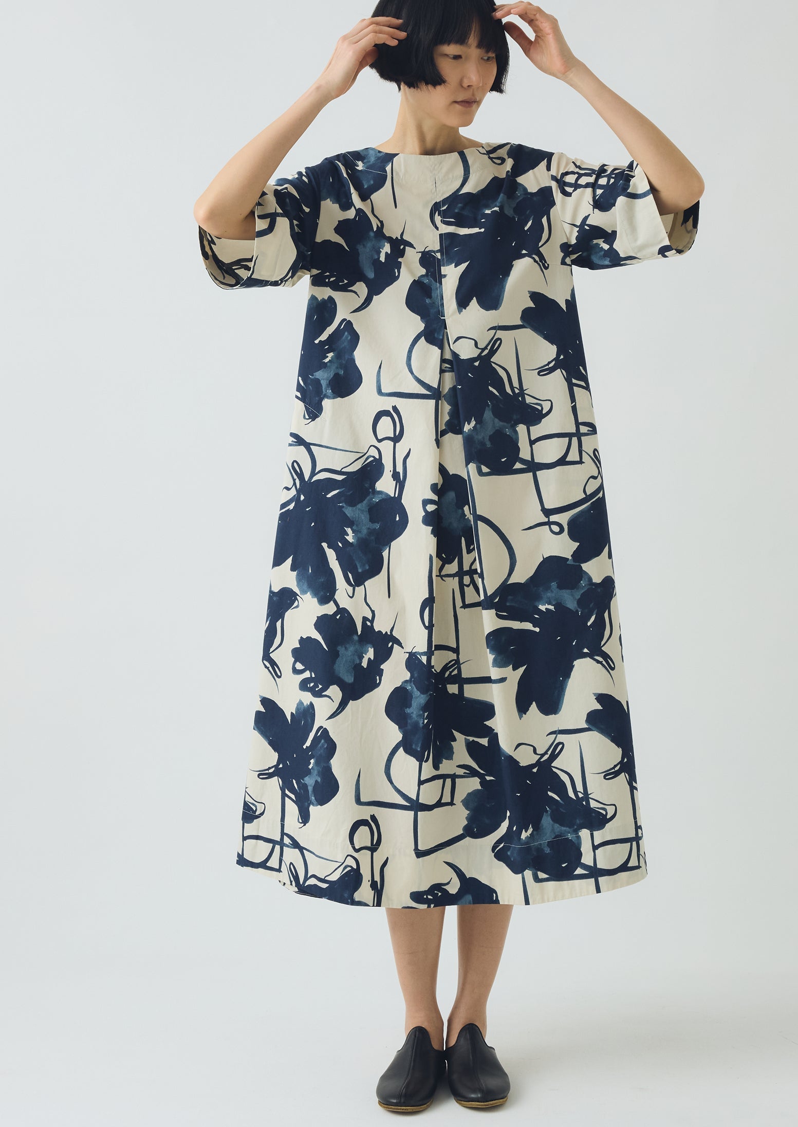 Pen And Ink Print Cotton Dress | Ink Blue