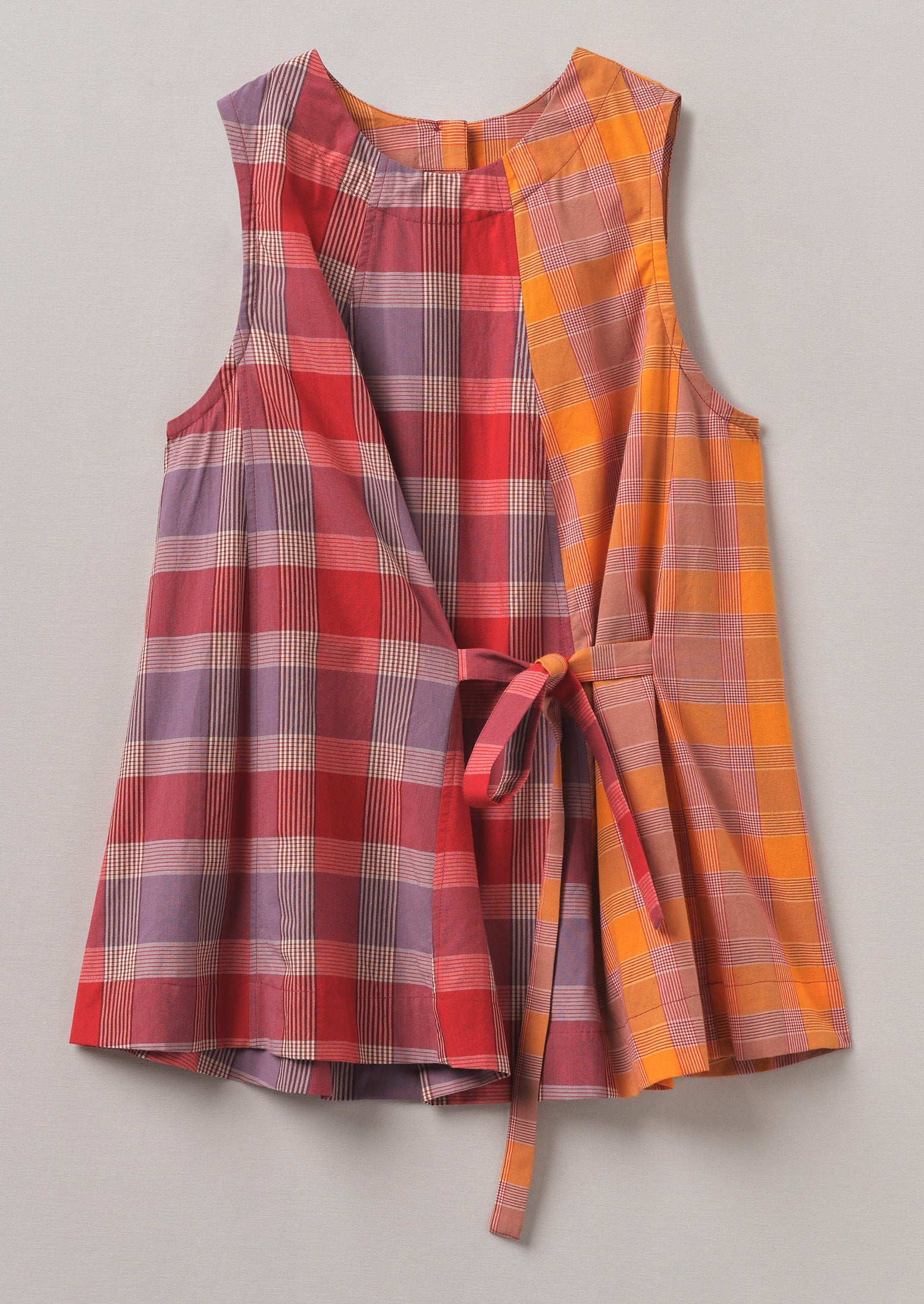 Tie Front Panelled Check Cotton Top | Bright Red/Wisteria
