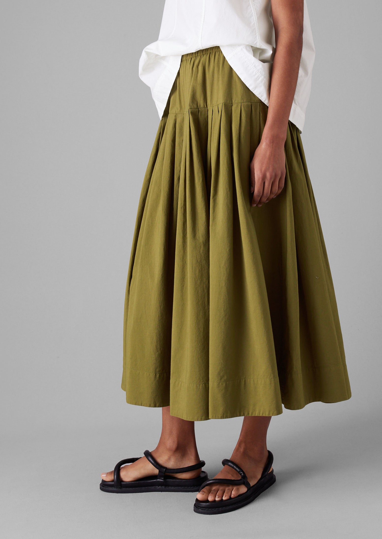 Pleated Raised Stripe Cotton Skirt | Warm Olive