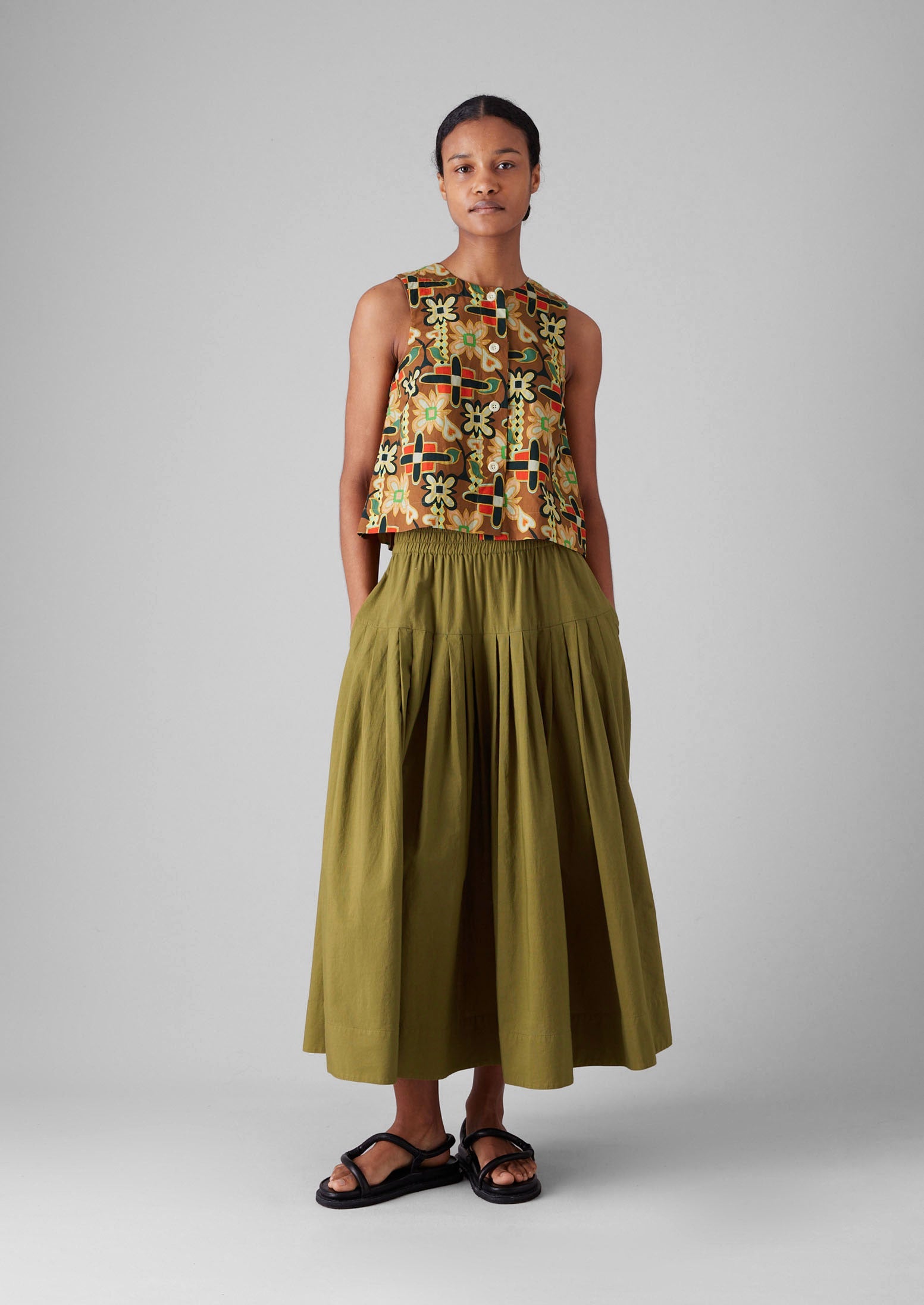 Pleated Raised Stripe Cotton Skirt | Warm Olive