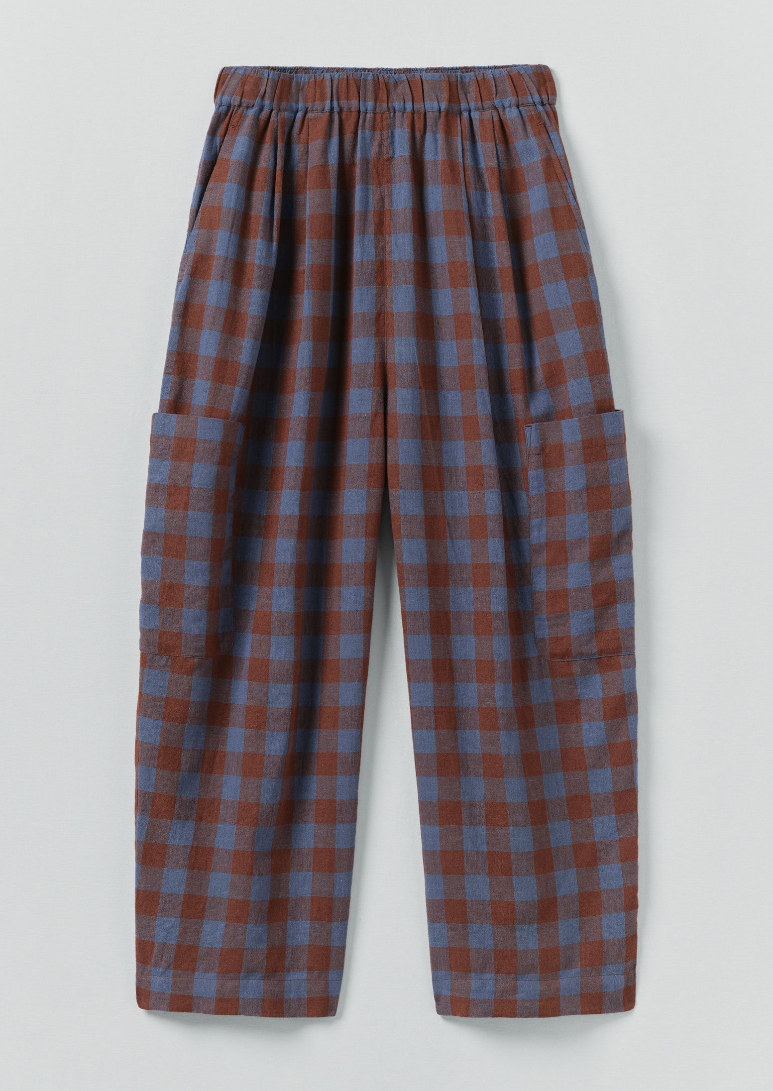 Mineral Check Linen Cotton Pants | Brown Ochre/Dark Cornflower