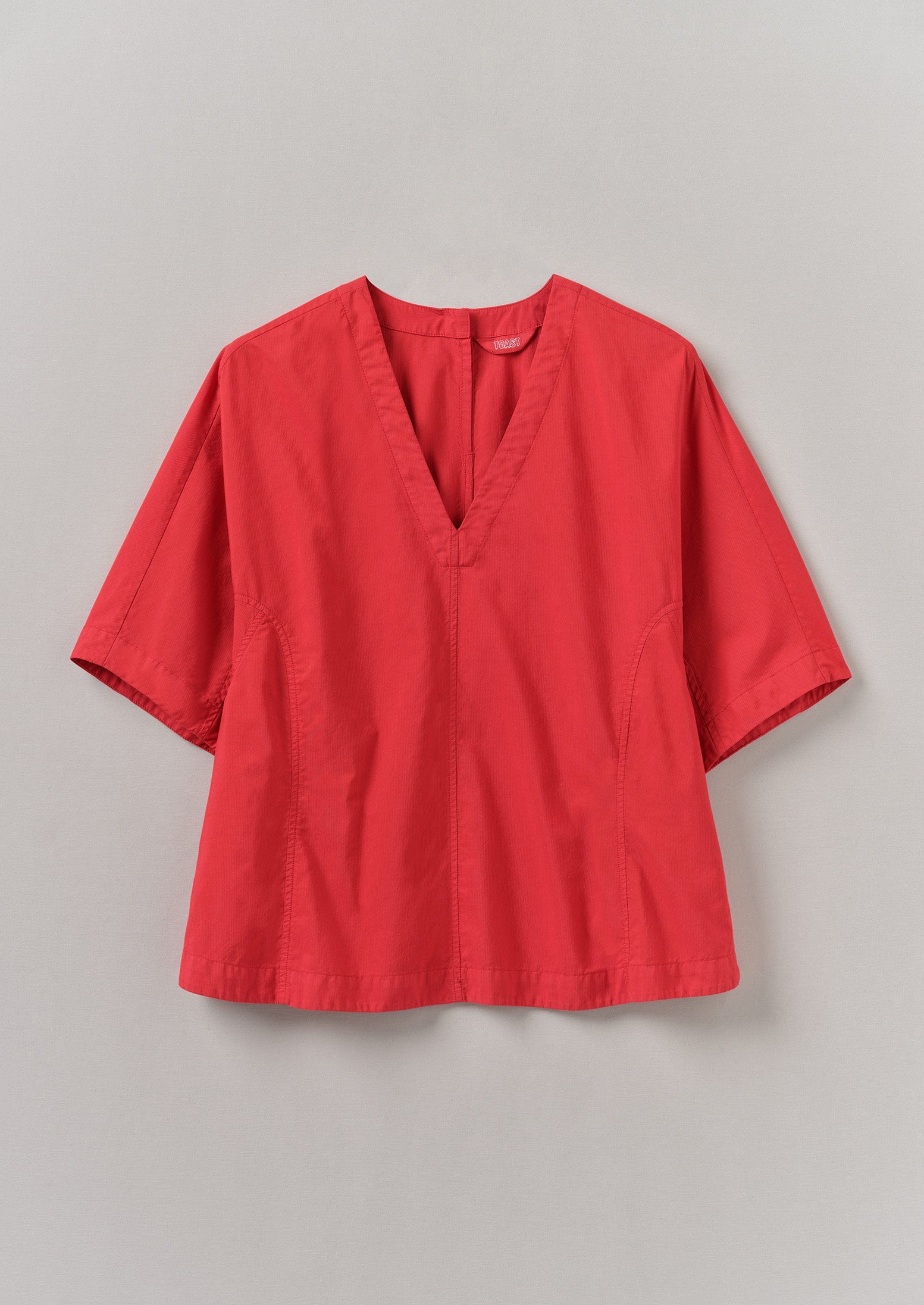 Textured Cotton Poplin V-Neck Top | Bright Red