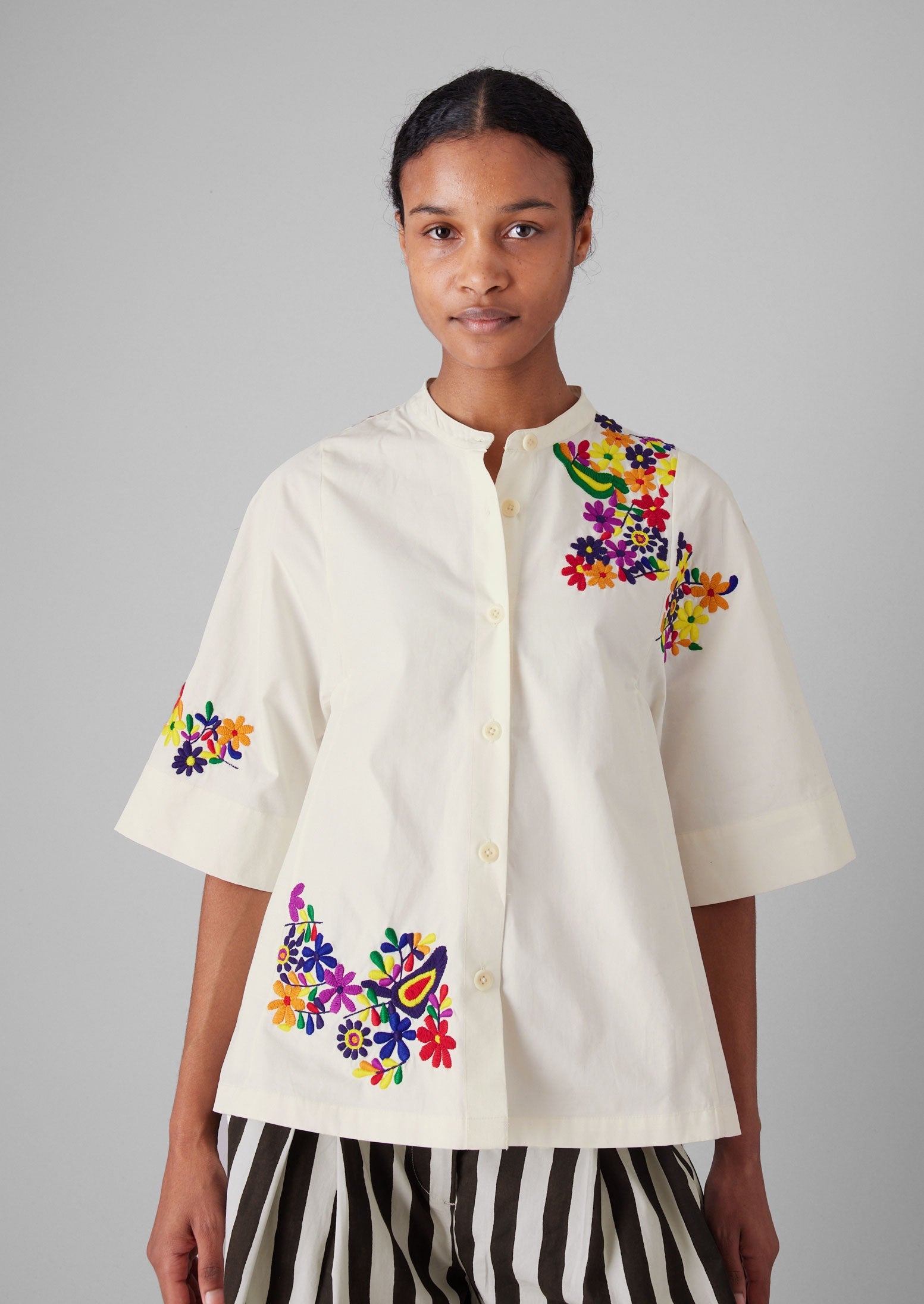 Floral Embroidered Cotton Poplin Shirt | Multi