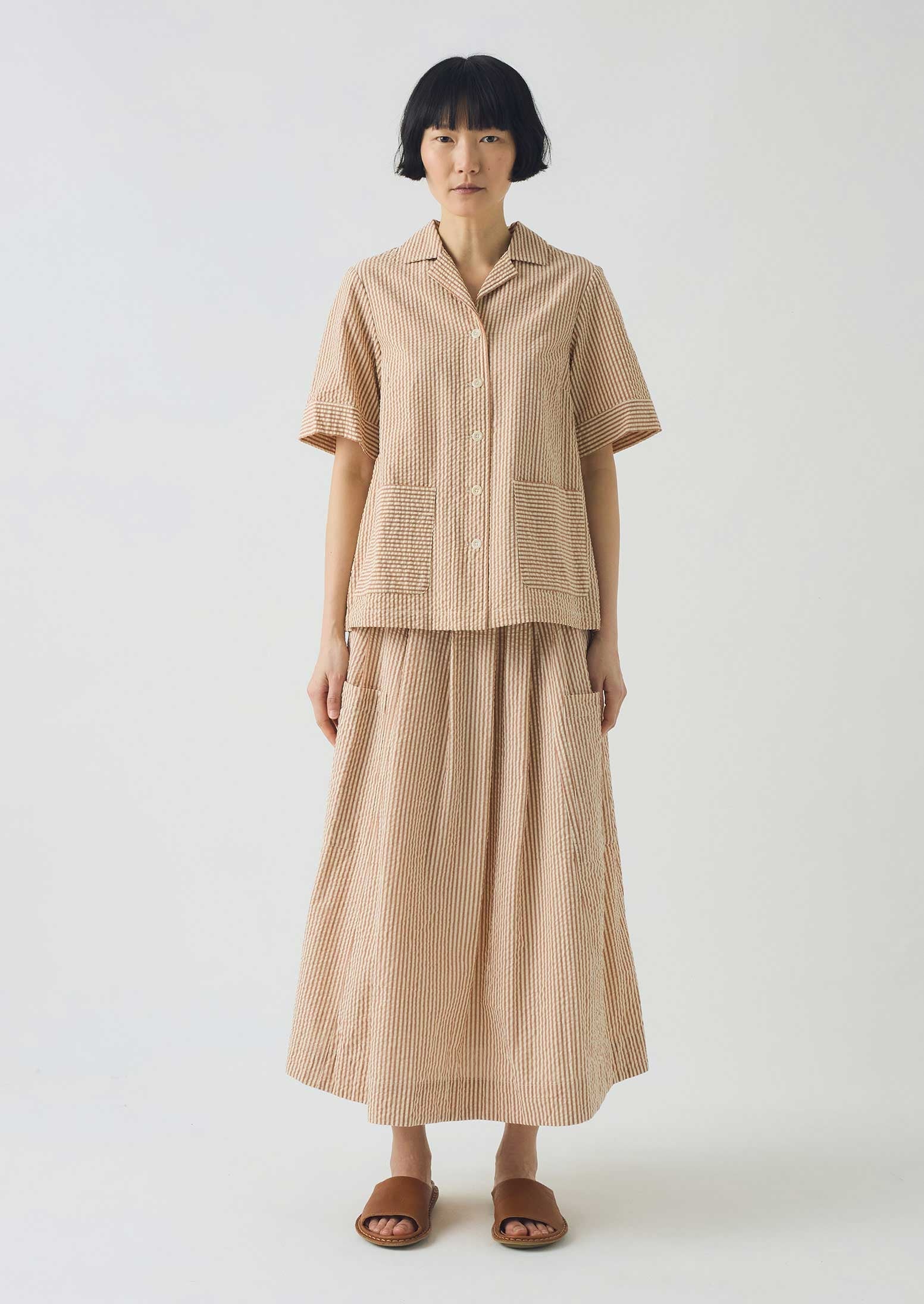 Stripe Cotton Seersucker Boxy Shirt | Terracotta/Ecru