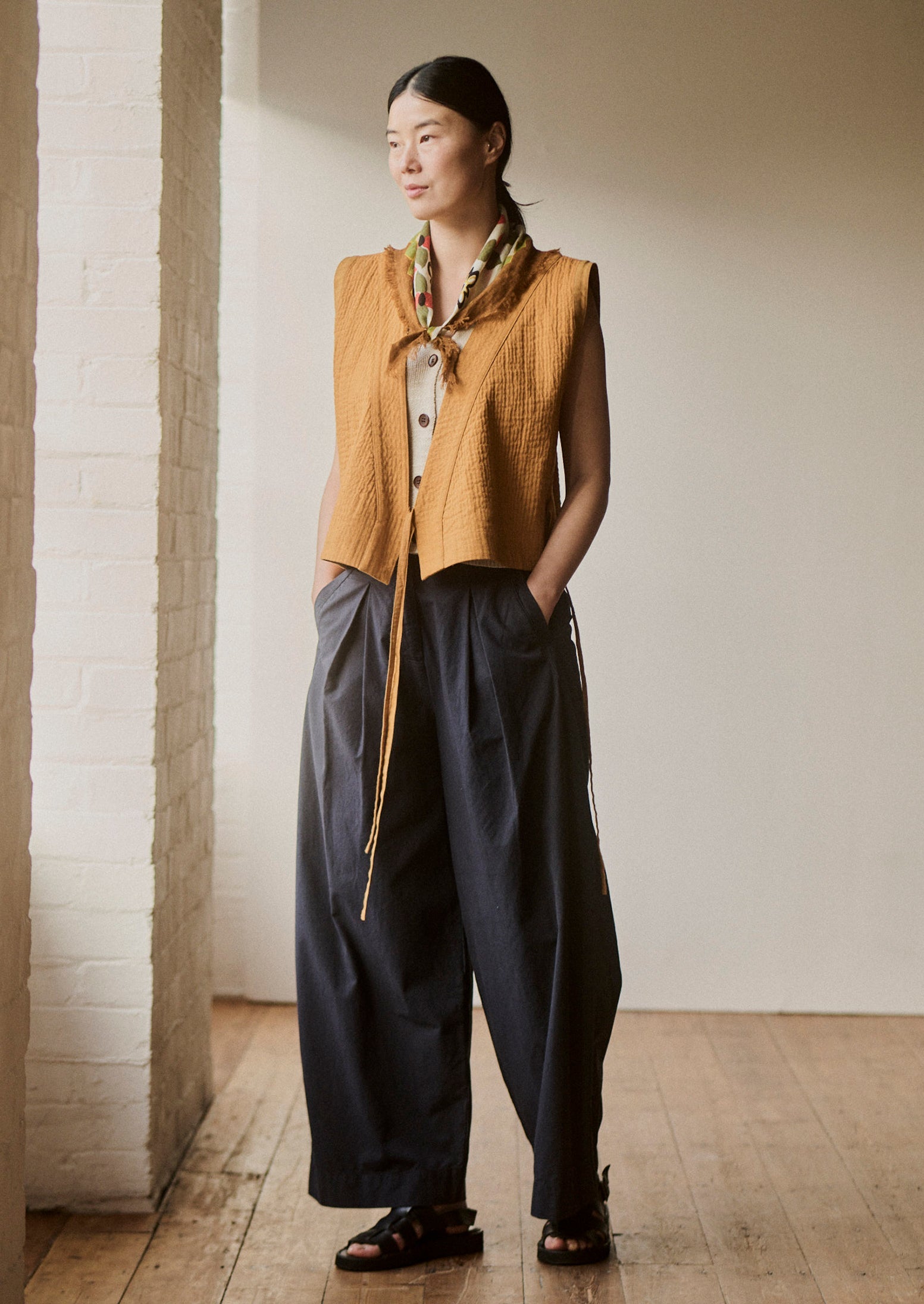 Belted Cotton Linen Poplin Wide Leg Pants | Raven Blue