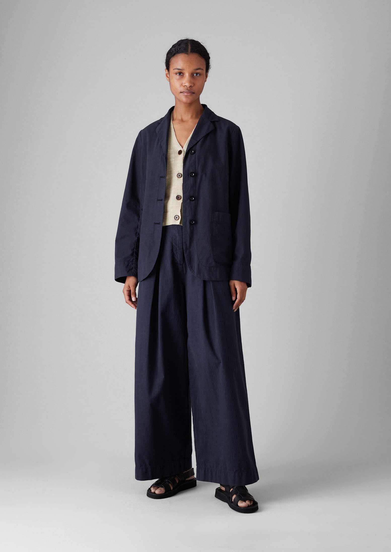 Belted Cotton Linen Poplin Wide Leg Pants | Raven Blue