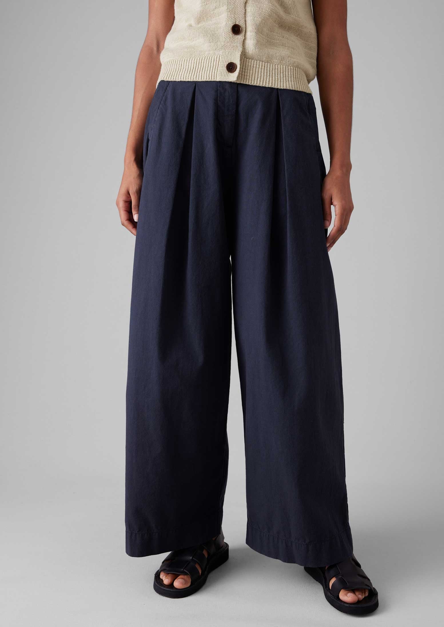 Belted Cotton Linen Poplin Wide Leg Pants | Raven Blue