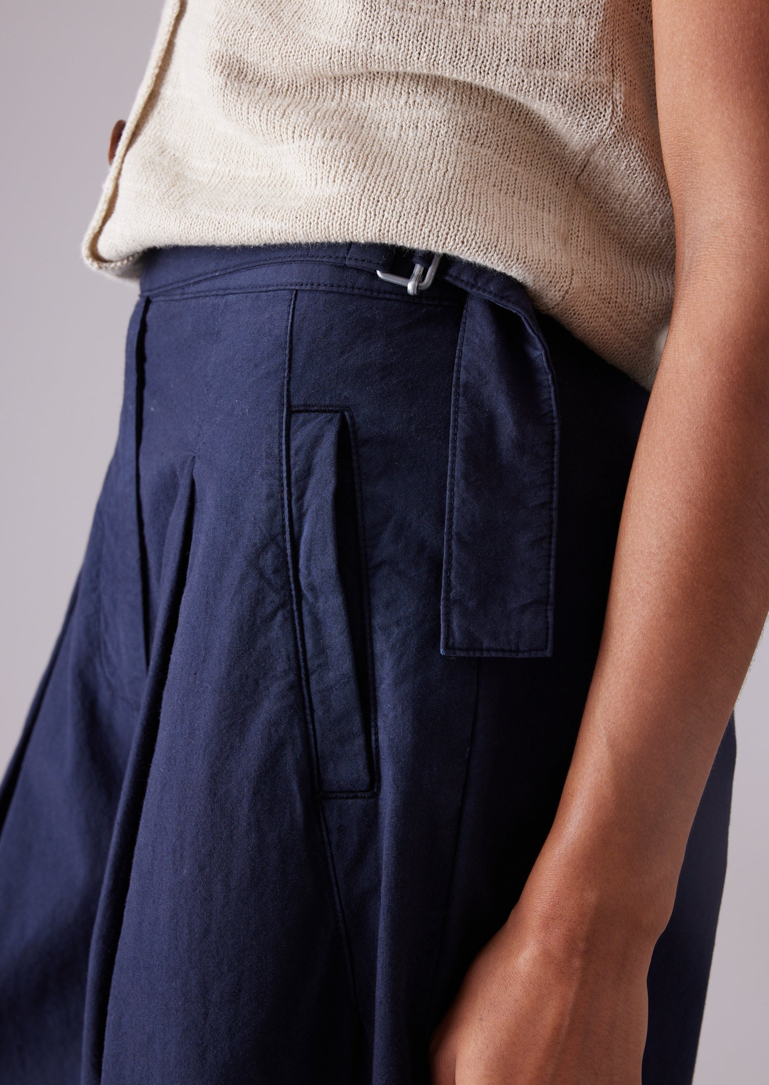 Belted Cotton Linen Poplin Wide Leg Pants | Raven Blue