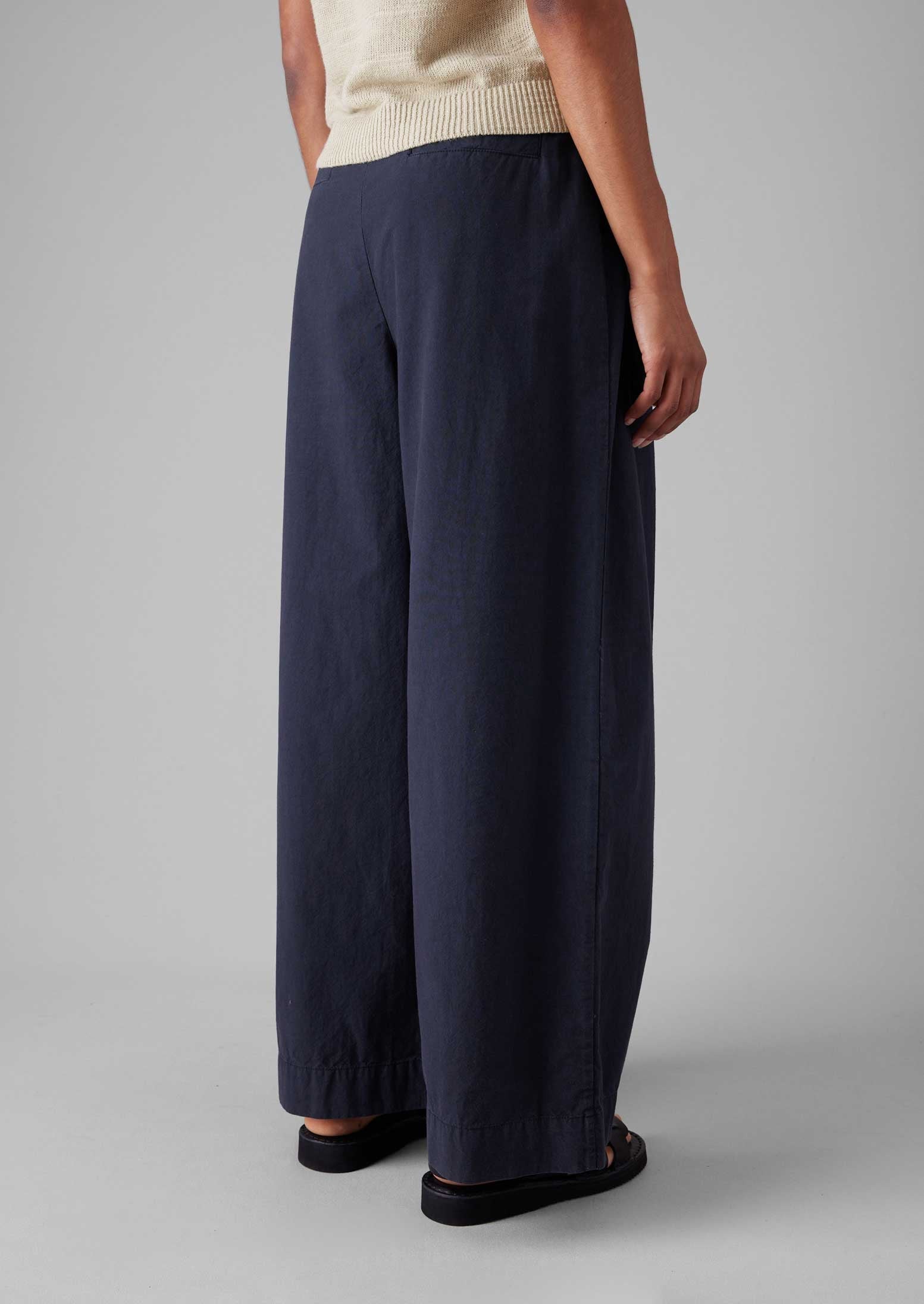 Belted Cotton Linen Poplin Wide Leg Pants | Raven Blue