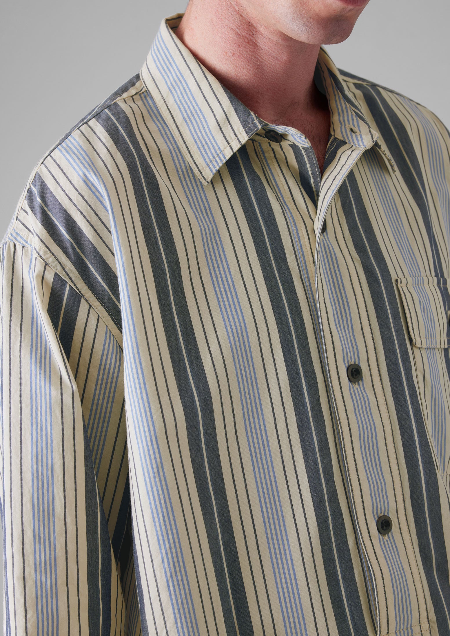 Half Placket Stripe Shirt | Ecru/Mixed Blues