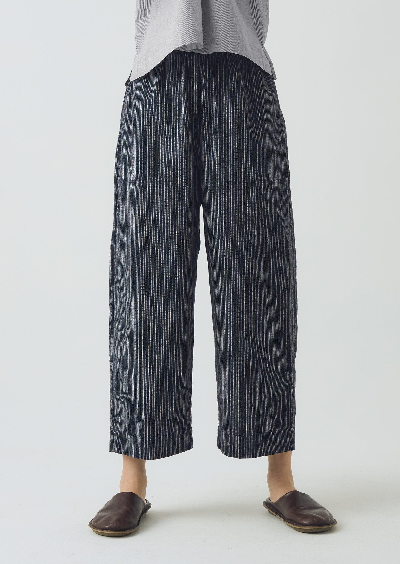 Stripe Linen Cotton Barrel Leg Pants | Shadow Blue/Black
