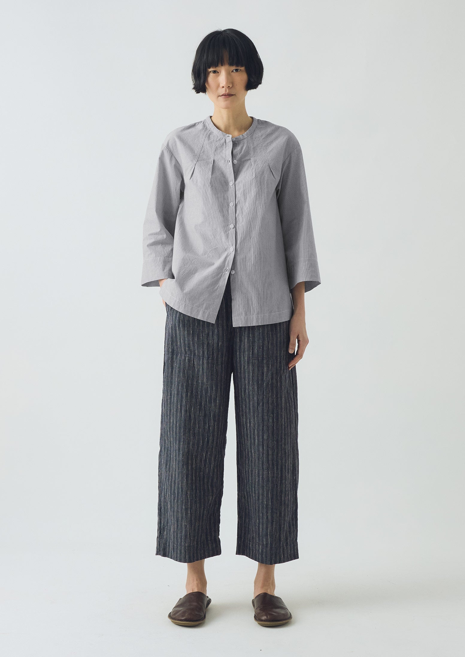 Stripe Linen Cotton Barrel Leg Pants | Shadow Blue/Black