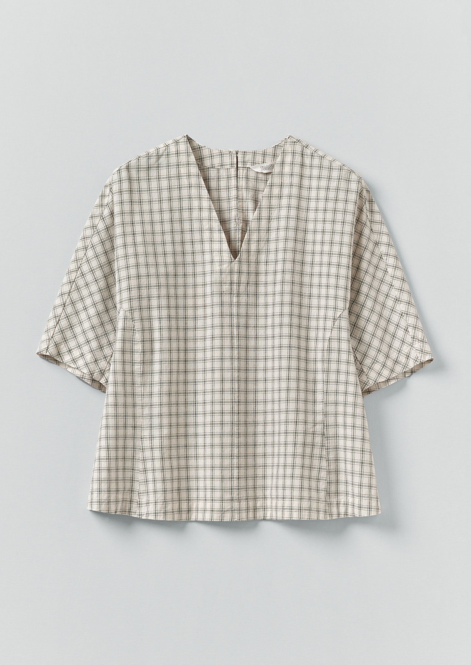 Cotton Window Pane Check V Neck Top | Ecru/Slate