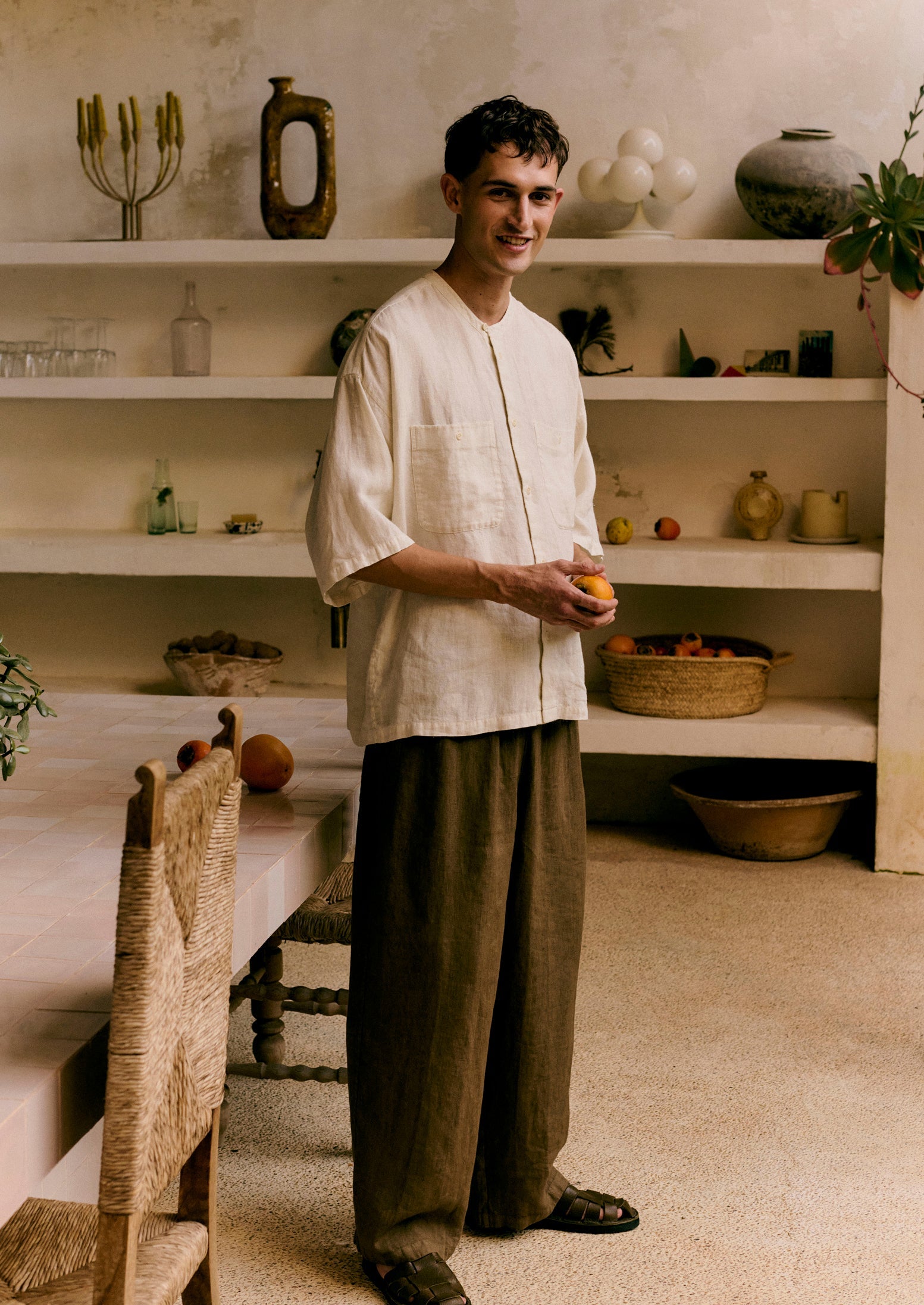 Garment Dyed Linen Grandad Collar Shirt | Oat