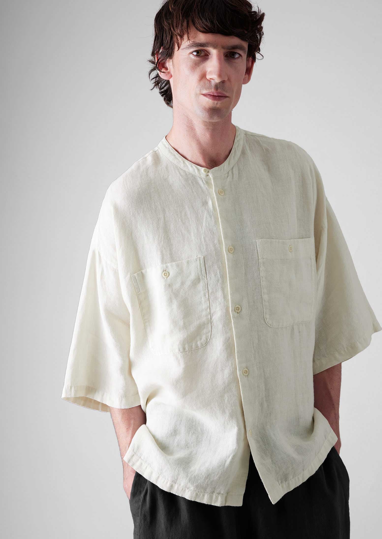 Garment Dyed Linen Grandad Collar Shirt | Oat