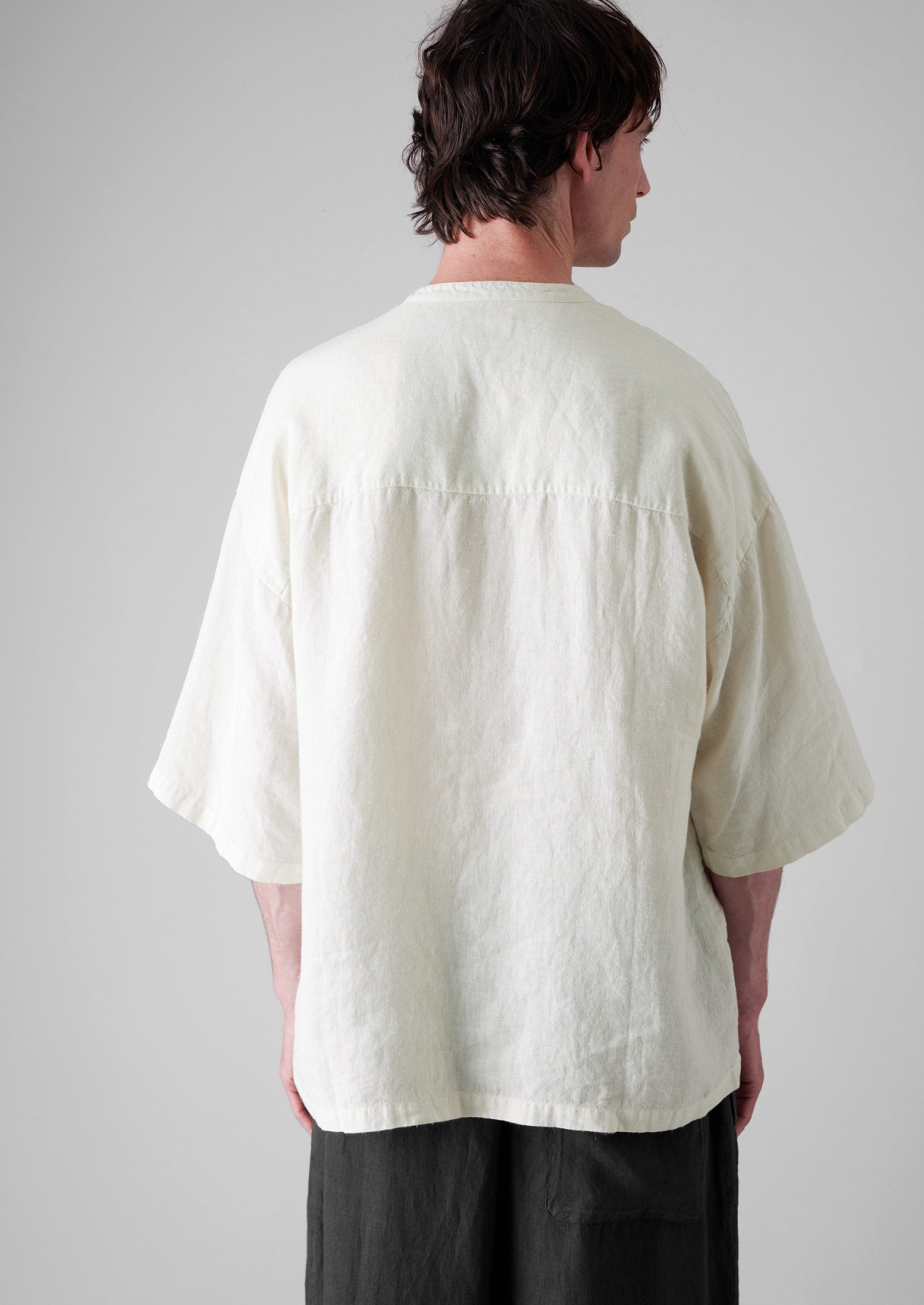 Garment Dyed Linen Grandad Collar Shirt | Oat