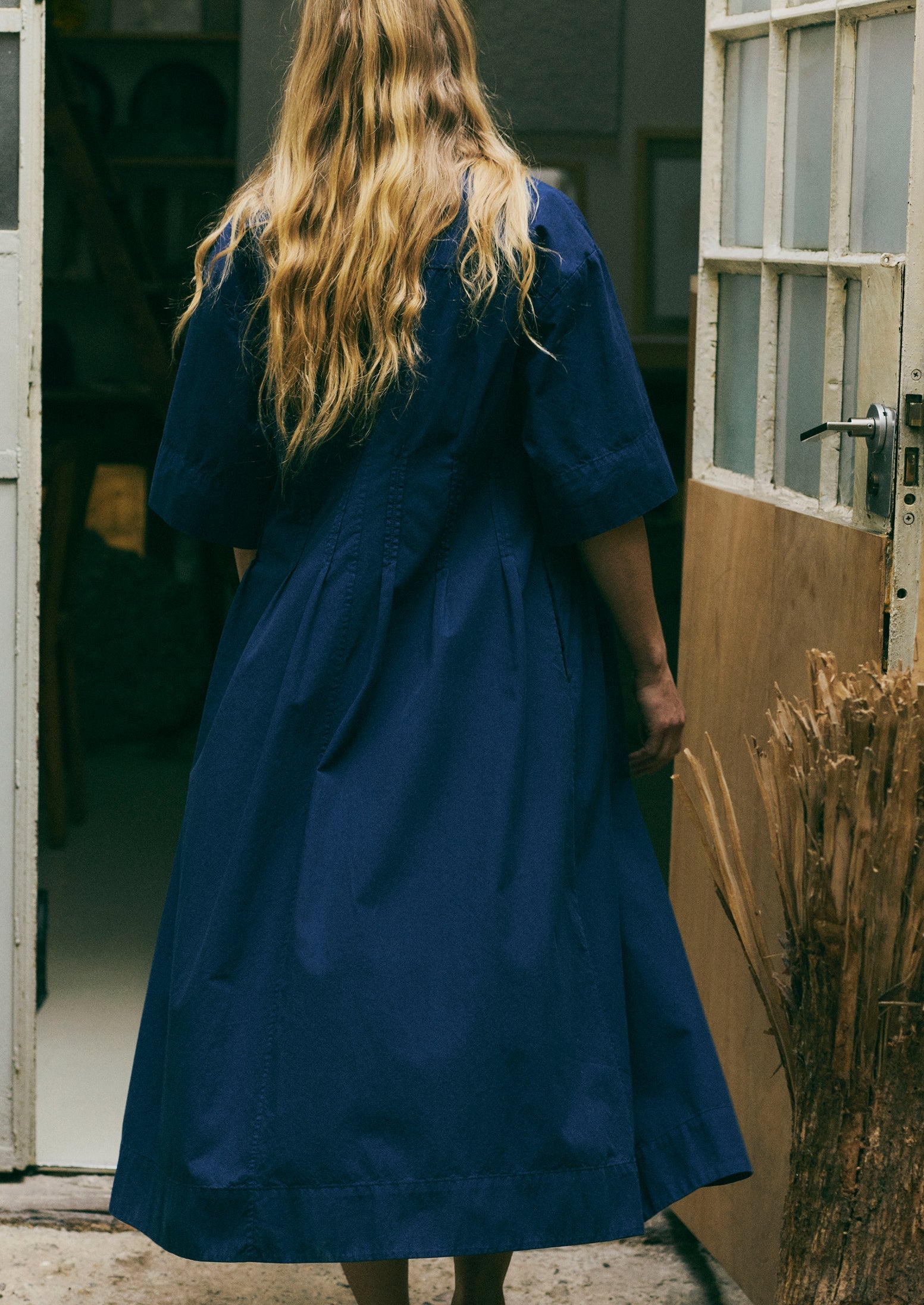 Pleated Cotton Linen Dress | Mid Blue