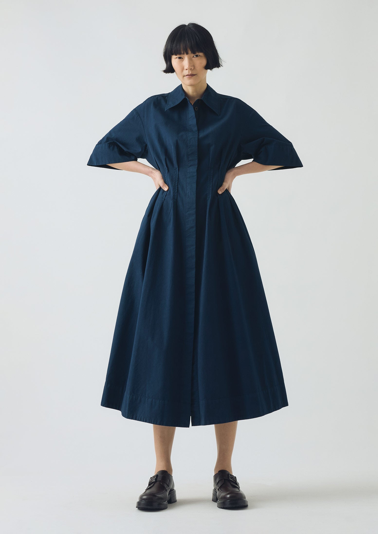 Pleated Cotton Linen Dress | Mid Blue
