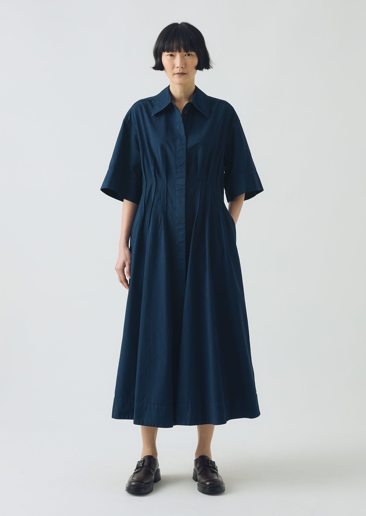 Pleated Cotton Linen Dress | Mid Blue