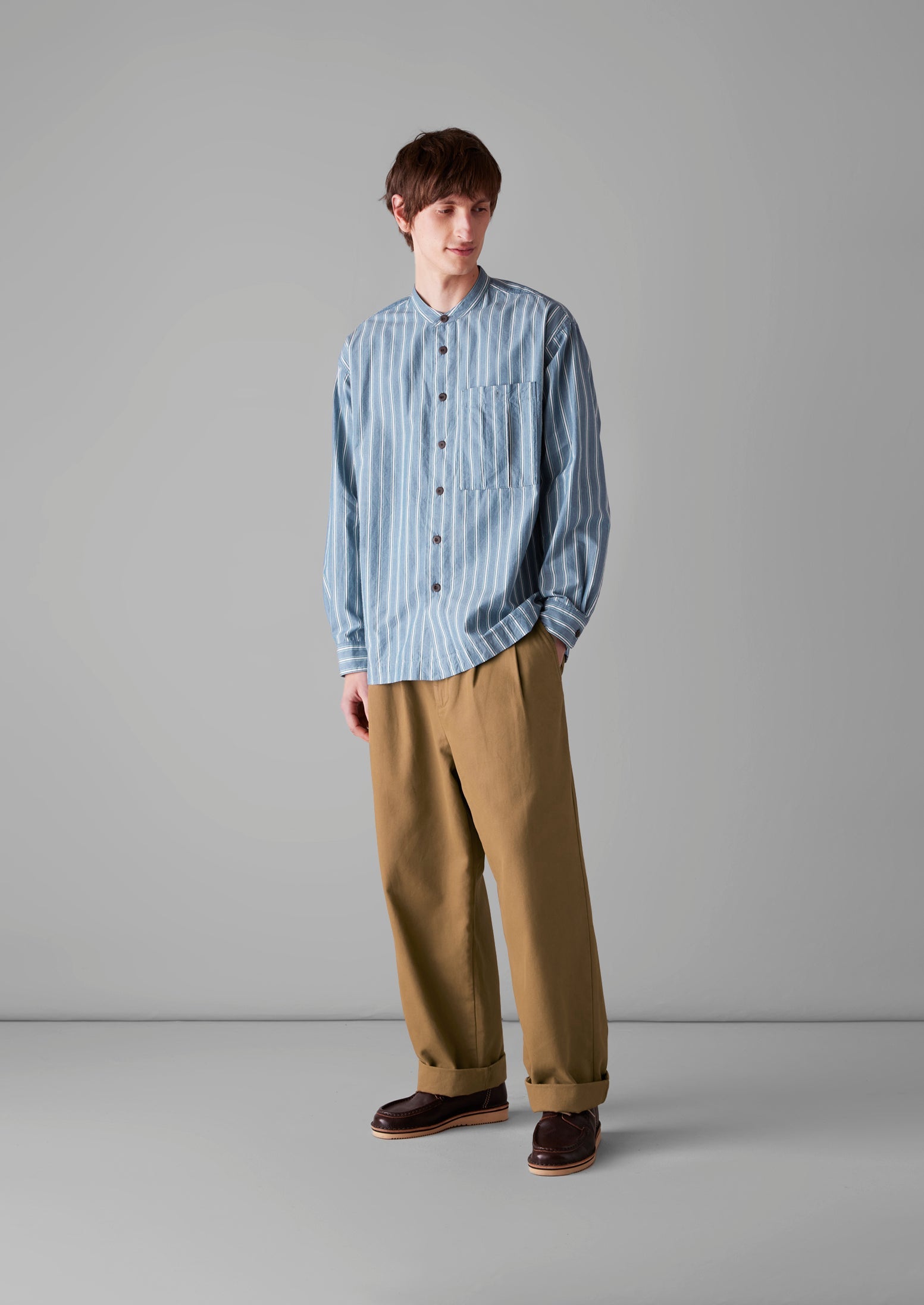 Grandad Collar Crinkle Organic Cotton Shirt | Duffle Blue
