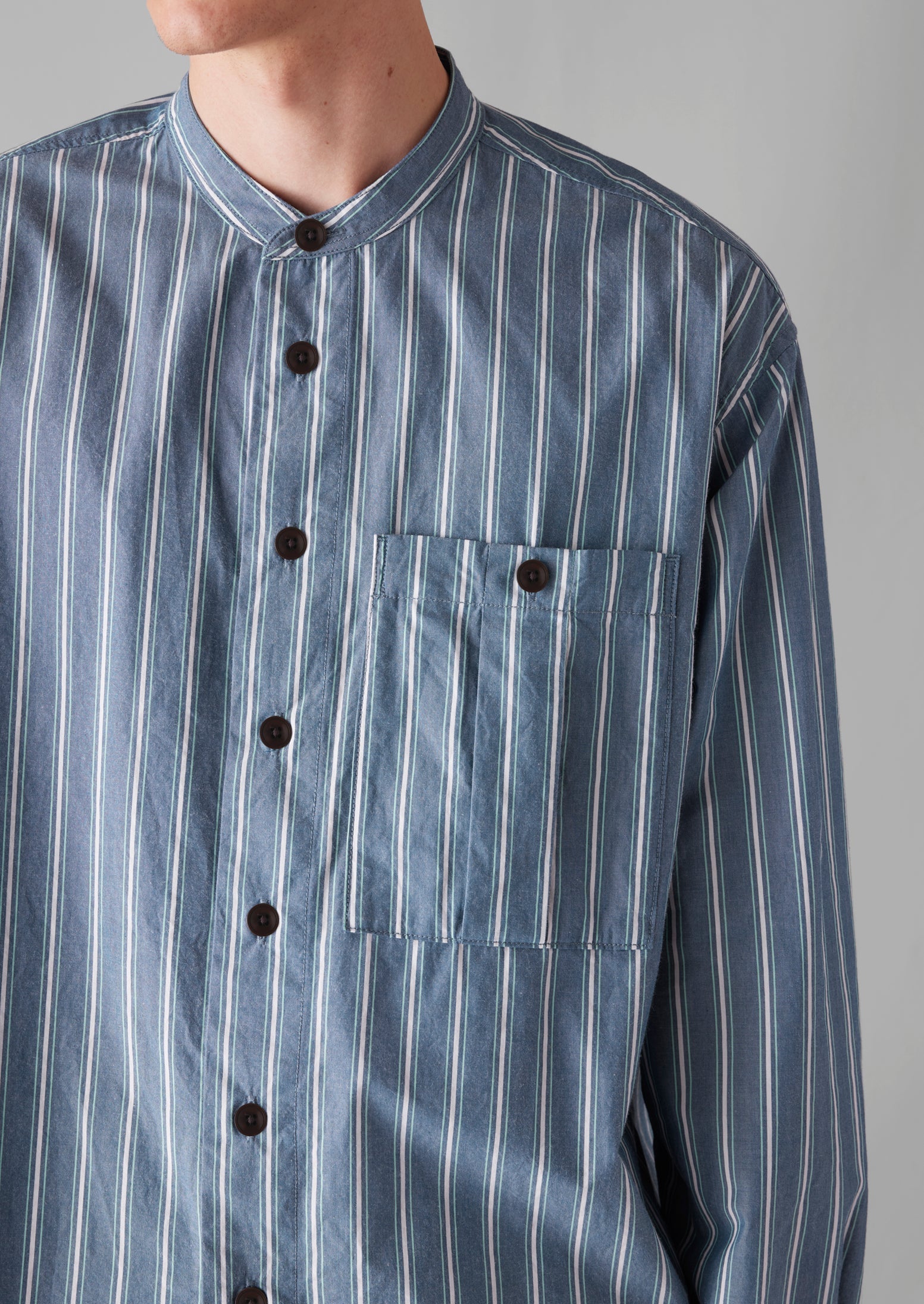 Grandad Collar Crinkle Organic Cotton Shirt | Duffle Blue