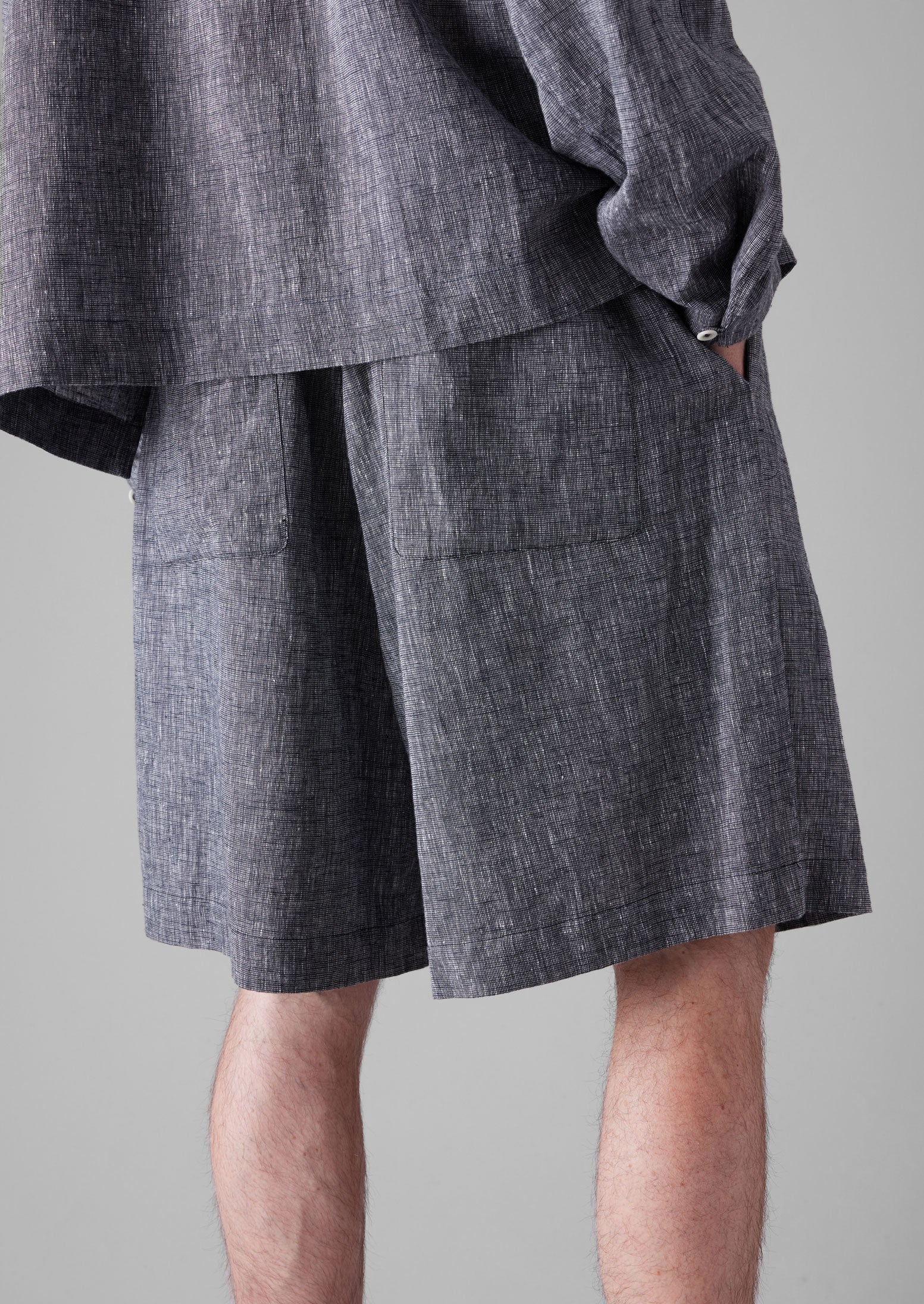 Etched Linen Cotton Drawstring Shorts | Blue Melange