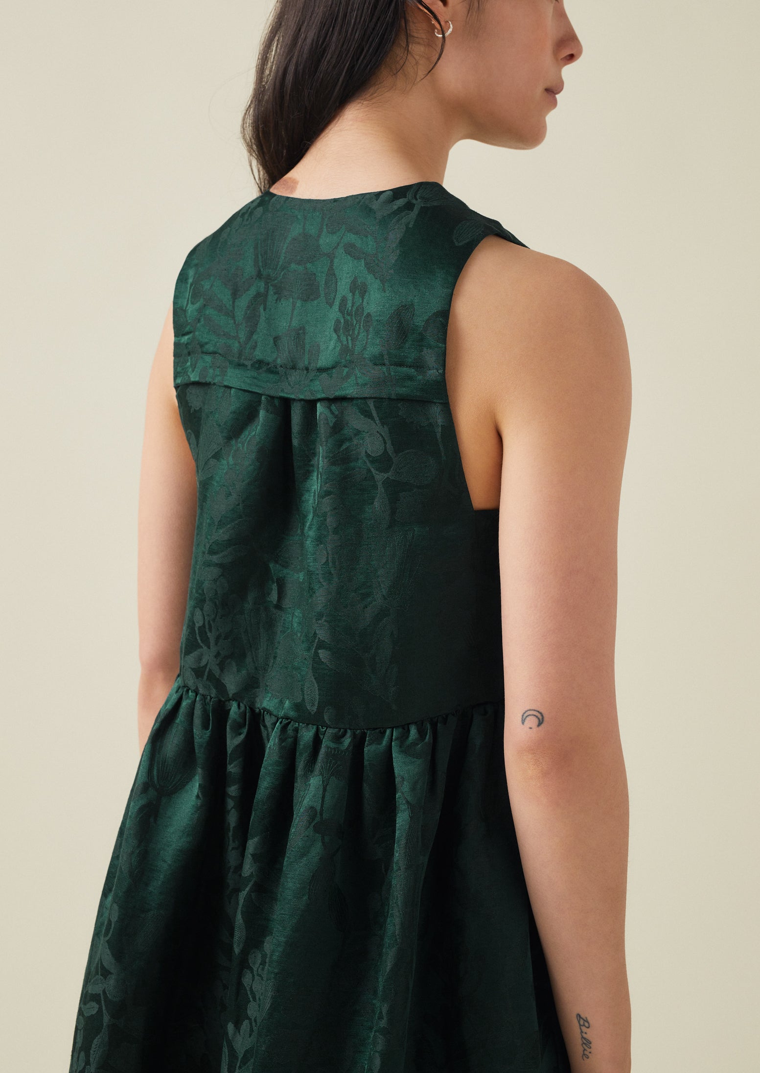 Linen Silk Jacquard Sleeveless Dress | Lapis Green