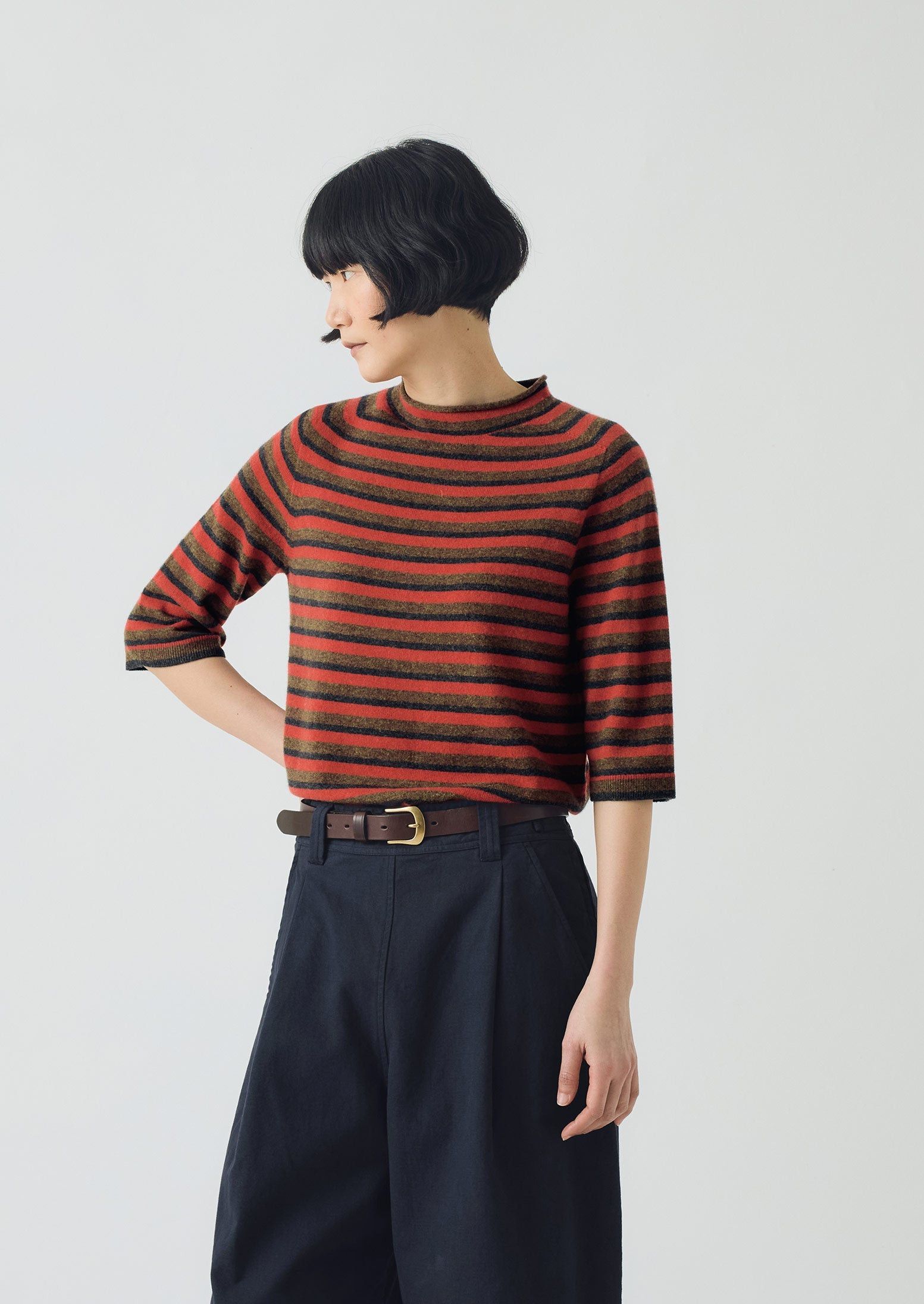 Stripe Wool Cashmere Half Sleeve Sweater | Red Multi