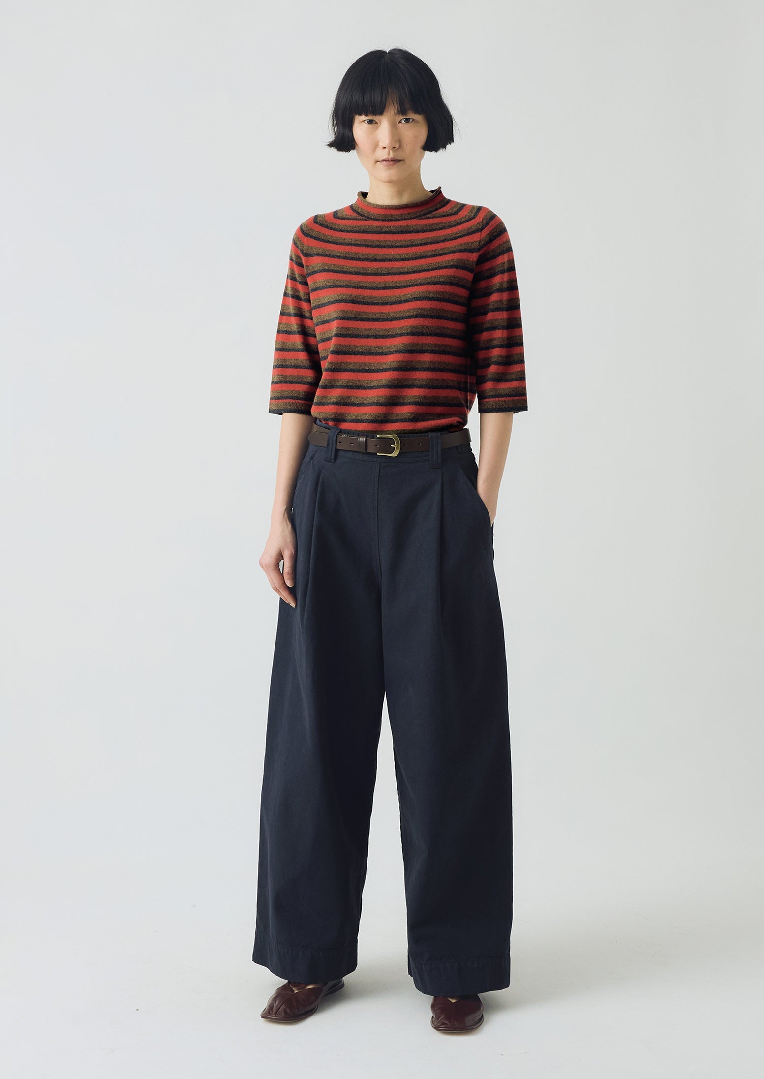 Stripe Wool Cashmere Half Sleeve Sweater | Red Multi