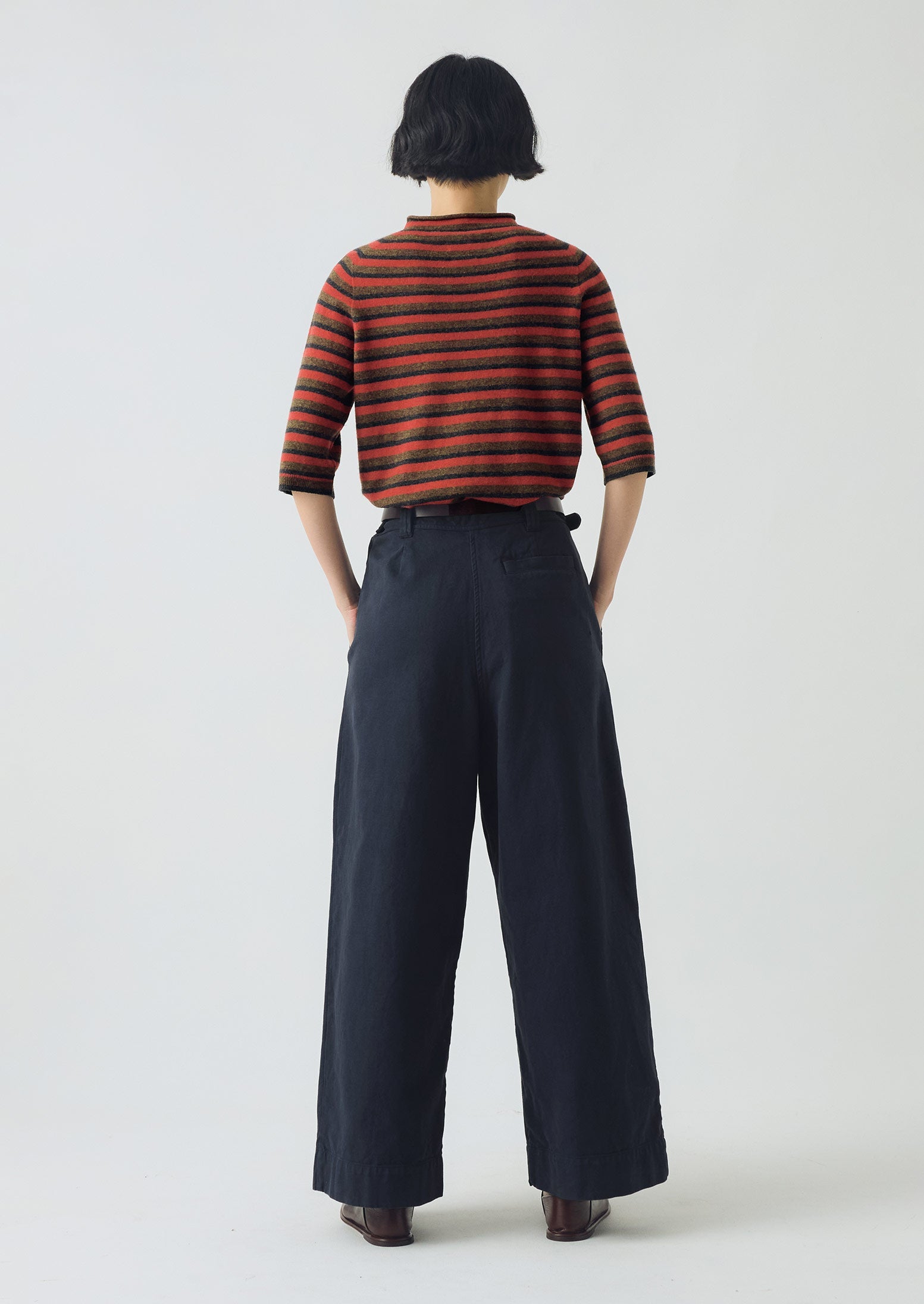 Stripe Wool Cashmere Half Sleeve Sweater | Red Multi
