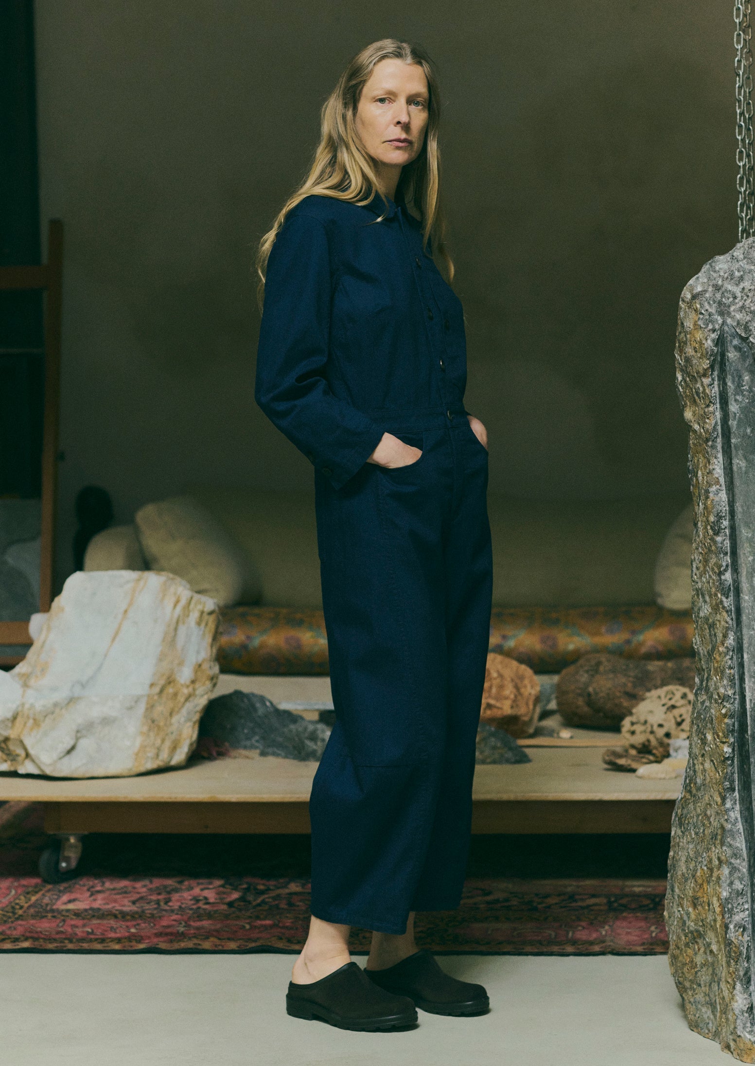 Half Placket Cotton Twill Jumpsuit | Indigo