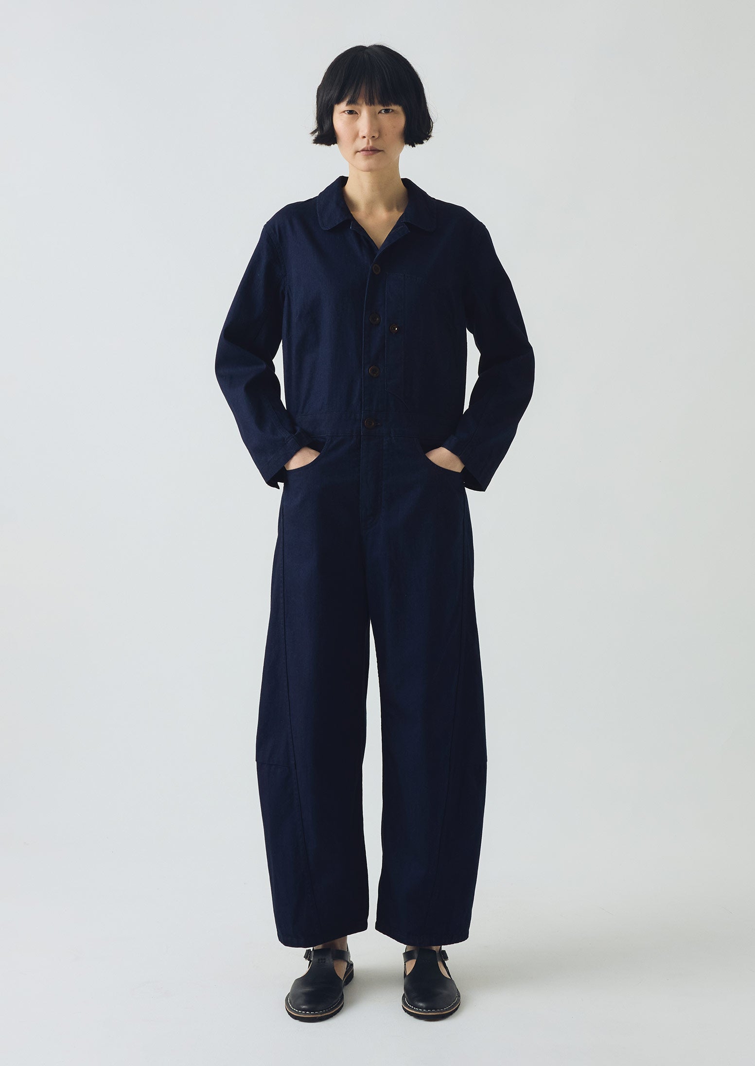 Half Placket Cotton Twill Jumpsuit | Indigo