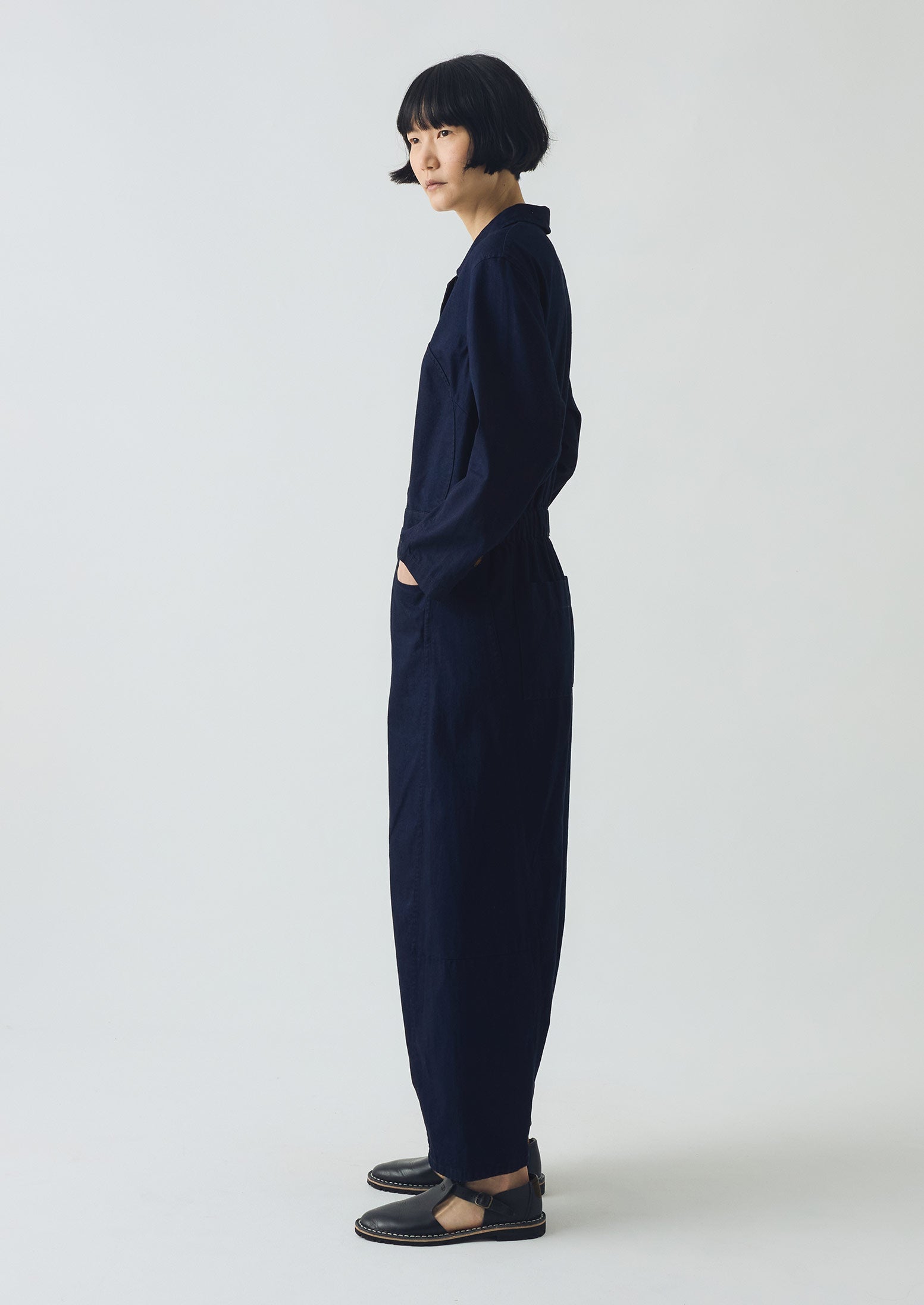 Half Placket Cotton Twill Jumpsuit | Indigo