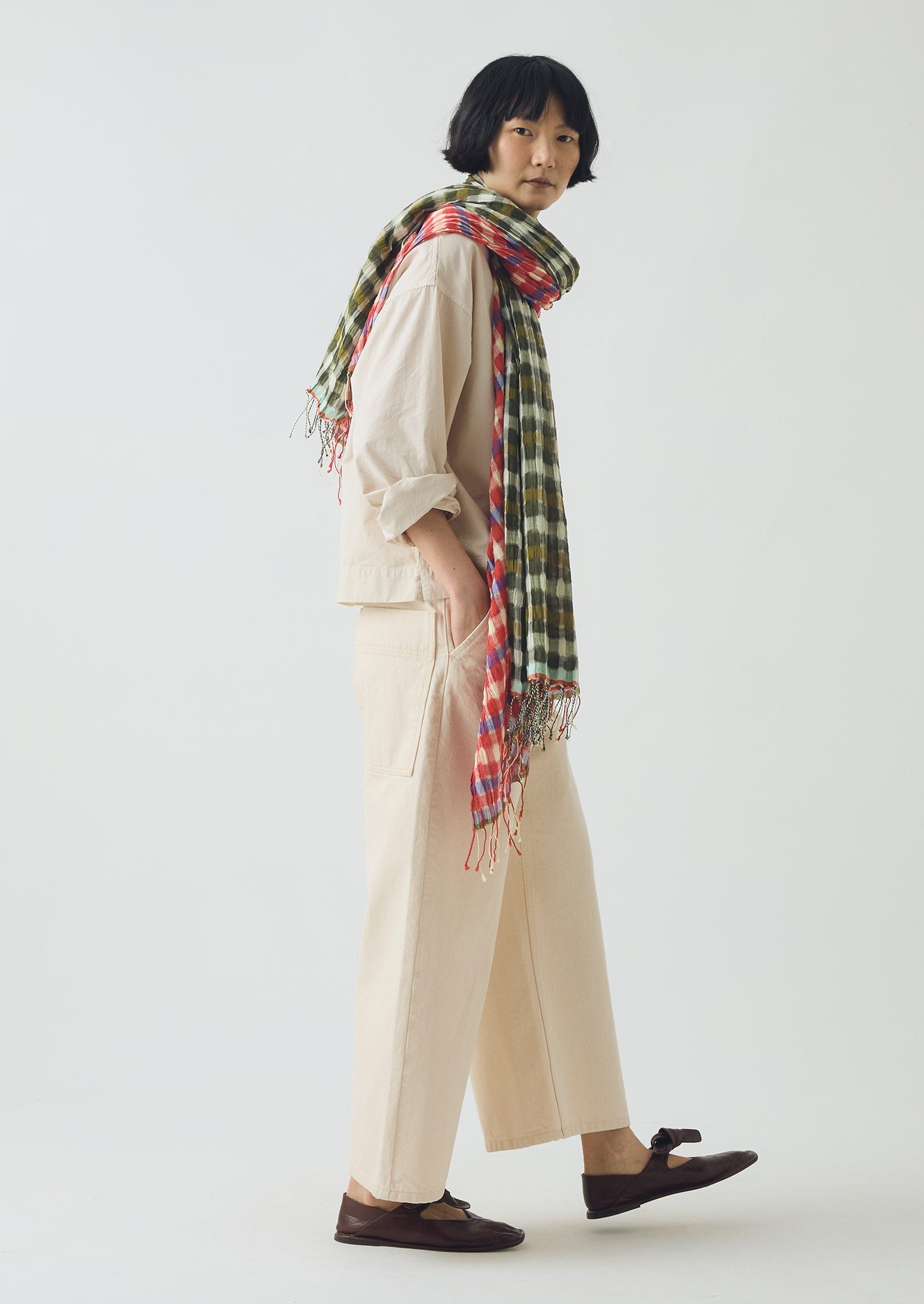 Cafe Tile Gingham Cotton Scarf | Olive