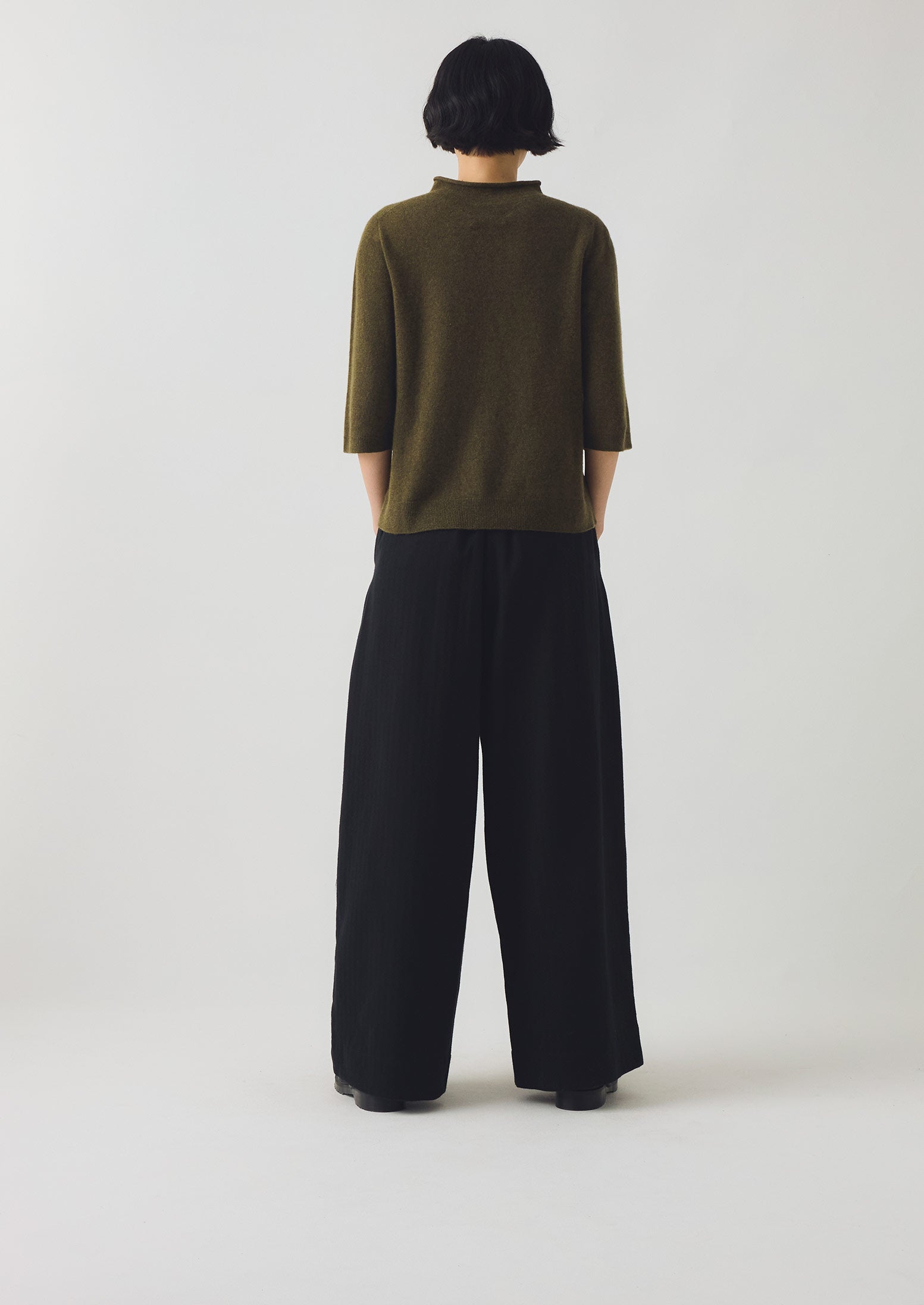 Fine Wool Cashmere Half Sleeve Sweater | Olive Melange